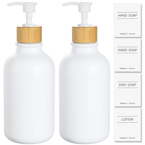 Image of KASUNTING White Soap Dispenser, 2 Pack Plastic Bathroom Hand Soap and Lotion Dispenser Set with Bamboo Pump, 17 Fl Oz Hand and Dish Soap Dispensers Set for Kitchen, Refillable Liquid Soap Bottles