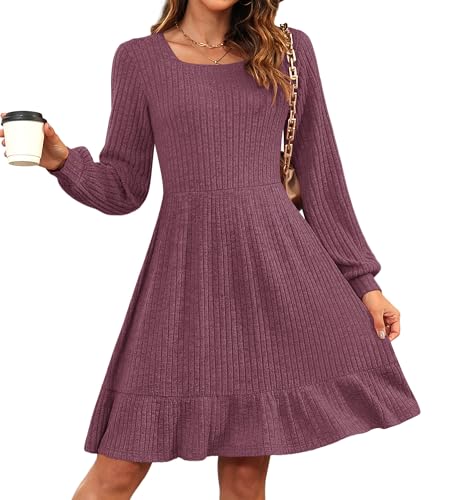 AUSELILY Damen Strickkleid Herbst Pulloverkleid Langarm Kleid Outfit Winterkleider,Lila S