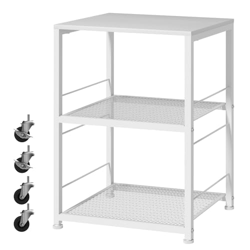 Shinoske Mesa Auxiliar de 3 Niveles, Mesita de Noche, Mesa Auxiliar con Estantes de Rejilla, Estructura de Acero, para Sala de Estar Dormitorio, 40 x 30 x 57 cm, Blanco