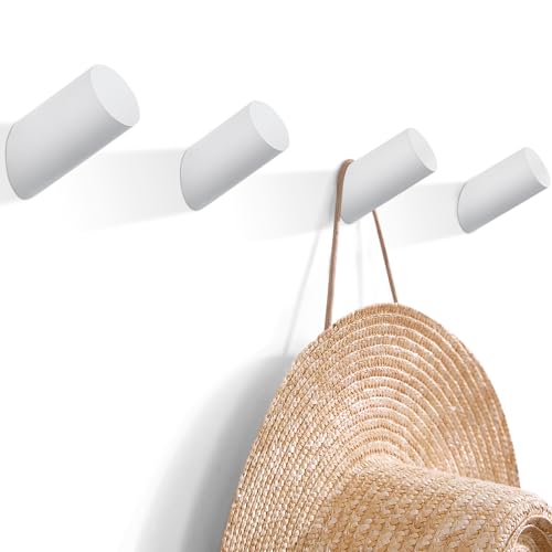 Felidio Wood Wall Hooks 4 Pack Coat Hooks Wall Mounted Rustic Wooden Heavy Duty Robe Hook Hat Rack Hook for Hanging Bathroom Towels Clothes Hanger (White)