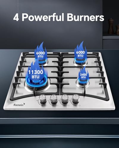 Image of Ranein 24 Inch 4 Burner Gas Cooktop, NG /LPG Convertible Gas Stove Top, 304 Stainless Steel with Thermocouple Flameout Protection for Kitchens, Apartments, RVs
