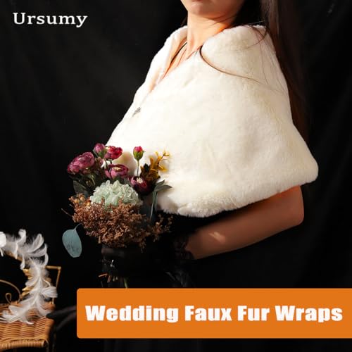 Ursumy Wedding Faux Fur Wraps Bridal Shawl Fur Stole Fur Scarf with Rhinestones Brooch Party for Bride and Bridesmaids4