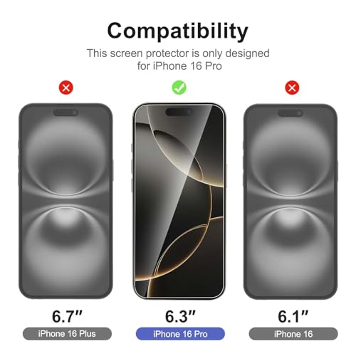 Image of NEW'C 2 Pack for iPhone 16 Pro Screen Protector (6.3 inches) + 2 Pack Camera Lens Protector, Sensor Protection, Case Friendly Tempered Glass Film - Easy installation tool included