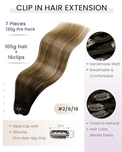 Image of LaaVoo Human Hair Clip In Extensions, Silky Straight, 16 Inch | Darkest Brown Mixed Chestnut Ash Blonde Balayage, 120g 7pcs, Clip On Extensions Human Hair, Smooth, Natural Shine