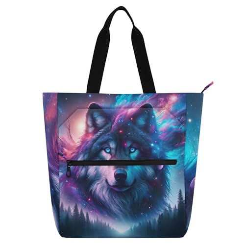 GAIGEO Sacola de trabalho colorida com estampa de lobo espacial para mulheres, bolsas de mão reutilizáveis com compartimentos