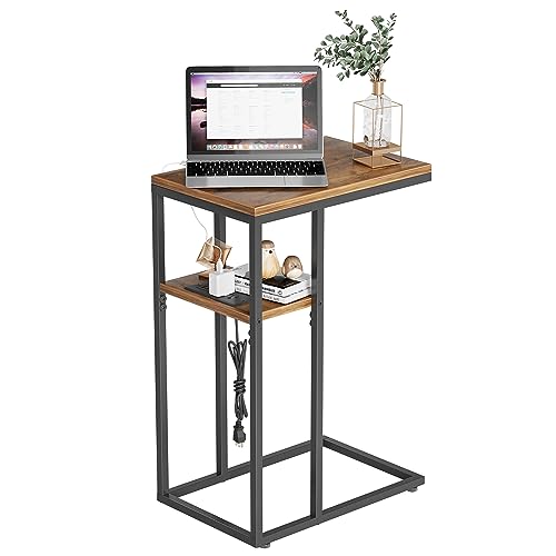 CubiCubiSide Table with Charging Station, C Shaped End Table with USB Ports and Outlets, Couch Table for Living Room, Bedroom, Couch, Sofa and Bed, Brown