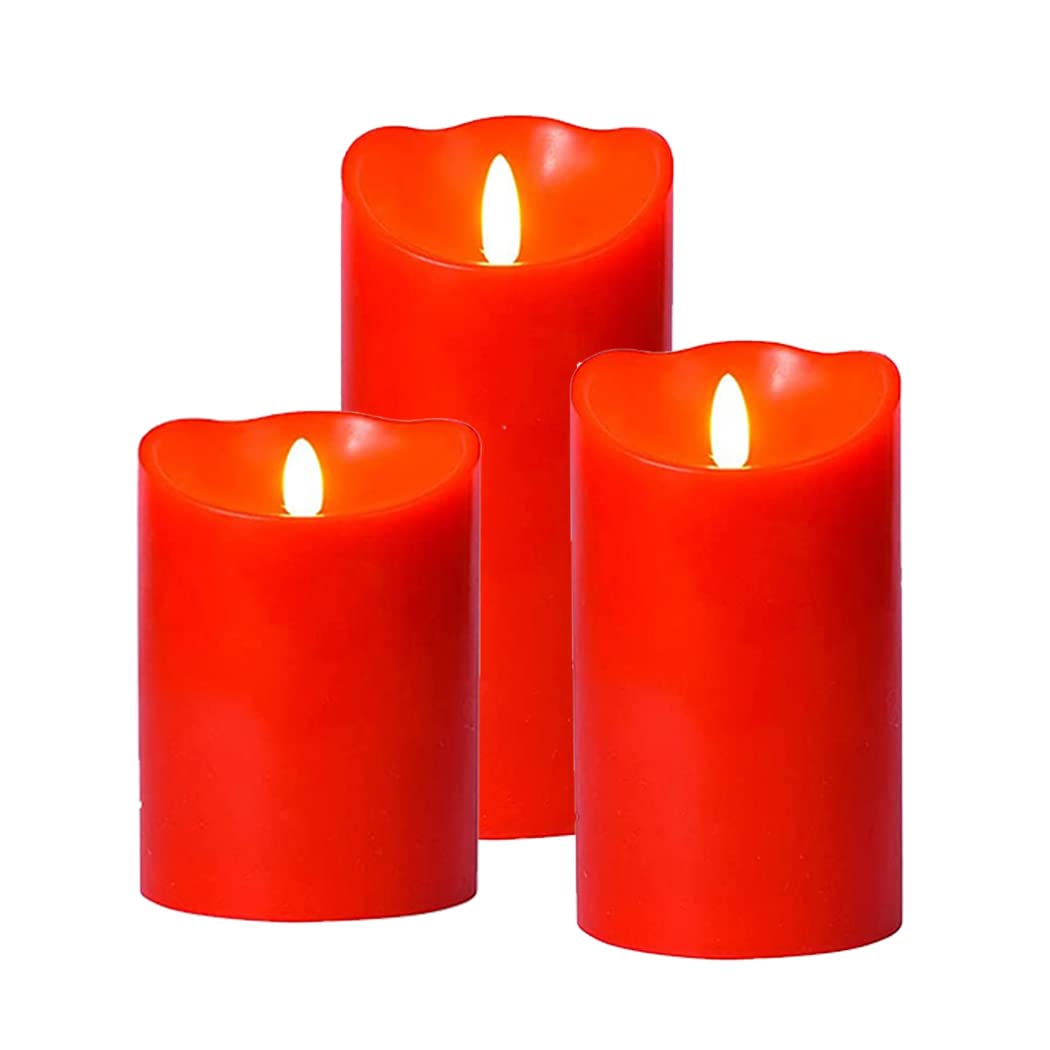 QniceoneFlameless Candles [ Pack of 3] Battery Operated Pillar Realistic and Bright Wax Electric LED Candle Sets for Holiday Birthday Electric Fake Candle -Red