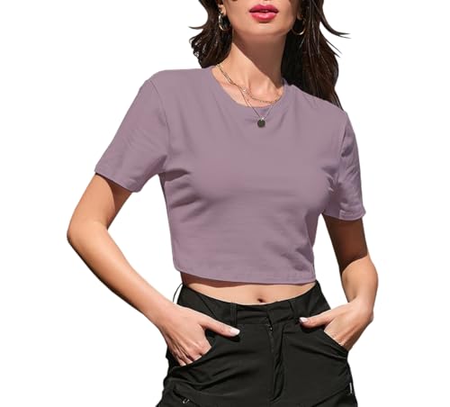Image of Betusline Girls & Women Basic Summer Short Sleeve Slim Fit T-Shirts Soft Crewneck Crop Y2k Tee Cute Gym Fashion Clothes