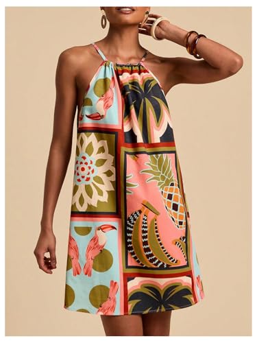 Image of SweatyRocks Women's Tropical Print Halter Dresses Sleeveless Holiday Summer Mini Dress