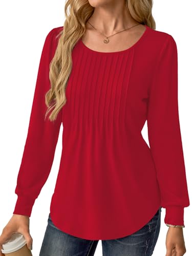 Women Long Sleeve Shirts Fall Tops Dressy Pleated Scooped Neck Tunic Tops for Leggings S-3XL3