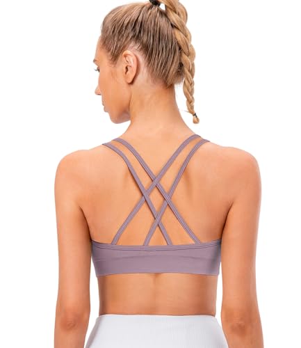 Image of VEQKING Strappy Cross Back Women Sports Bra Pack for Medium Support Workout | Removable Padded Cups, Spaghetti Strap, Comfort Seamless Wirefree, Soft Breathable Fabric, for Gym /Yoga /Pilates /Walking /Daily