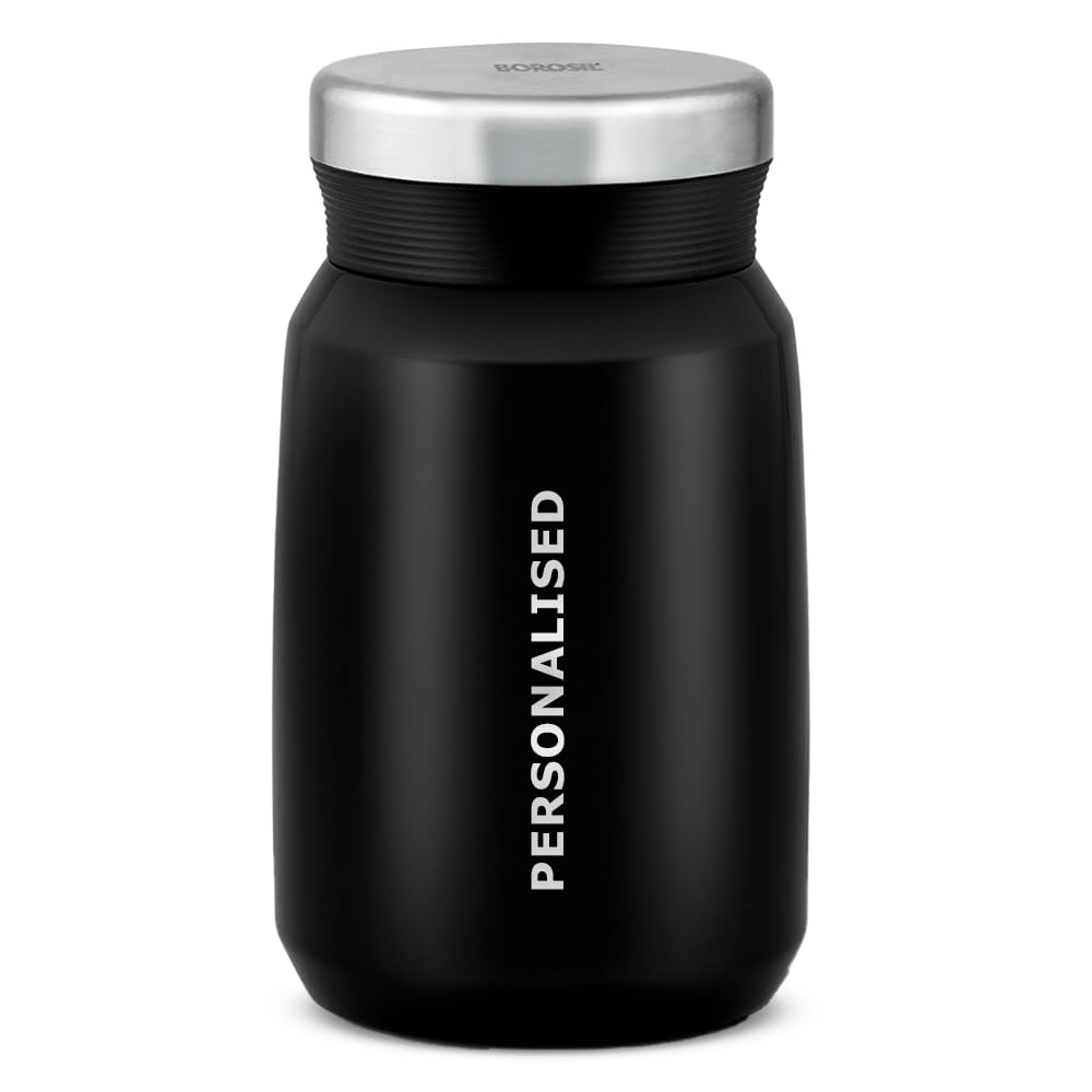 Borosil Hydra Carry Mate 500 mL Personalised/Customized Bottle with Engraved Name & Logo | Stainless Steel Vacuum Insulated Soup Flask & Food Jar with Screw Lid, Meals, Soups, Dal, Sambhar | Black (B0DFPC4JM9) Amazon Price History, Amazon Price Tracker