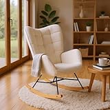 Meuble Cosy Fauteuil de Relaxation, Rocking Chair Confortable, Chaise à Bascule pour Salon en Bouclette avec Pieds Bois et Métal
