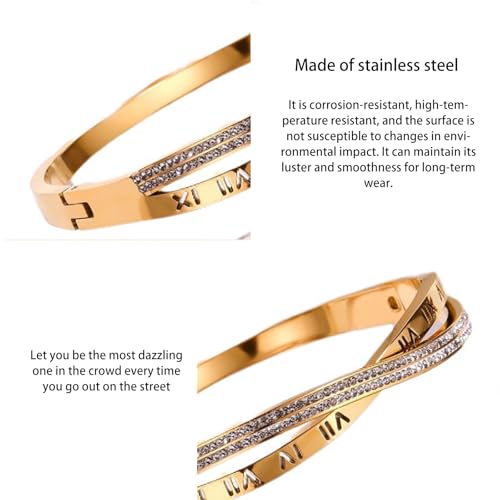 18K Gold Plated 316L Stainless Steel Bracelets Bangle Collection - 12 Unique Designs + Matching Diamond-Accent Titanium Steel Chain, Gift for Women3