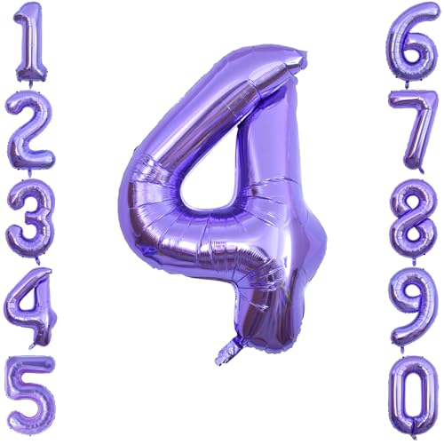 Purple Number 4 Balloon 40 Inch, Shiny Metallic Foil for 4th Birthday Party