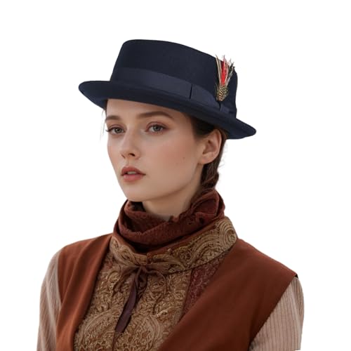 hatsXcaps Unisex Wool Felt Crushable Pork Pie Men Sun Hat with Removable Feather and Sweatband, Water-Resistant Porkpie, Trilby Hats, Fedora Hat for Men (UK, Alpha, S, Standard, Midnight Navy)