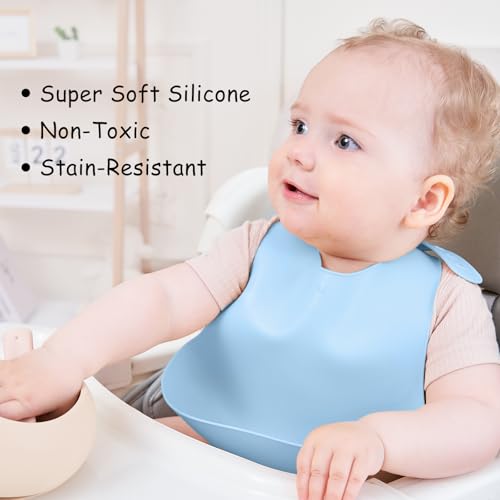 Mombella Baby Bibs, Silicone Bibs For Babies 6 Months Up With Adjustable Neck Strap 6 M+, Waterproof Soft Toddler Bibs For Boys Eating, Non-Toxic Feeding Bib Essentials, Blue, 2 Pack2