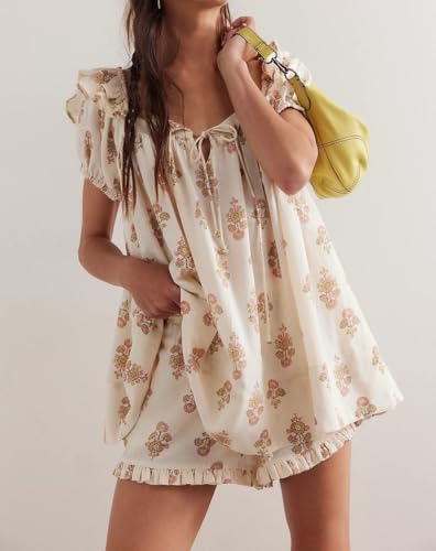 Image of ROAONOCOMO Women Floral Pajama Set Ruffle Puff Sleeve Peplum Shirt Coquette Pj Set Bow Babydoll 2 Piece Shorts Outfit