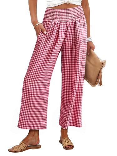 ANRABESS Womens Striped Gingham Palazzo Pants,Red White Plaid,M