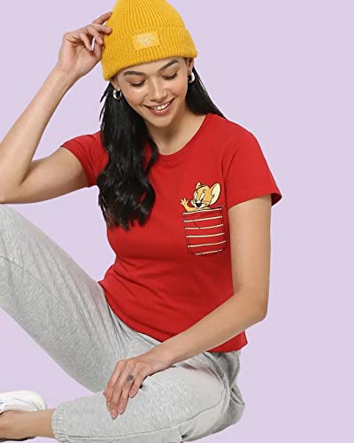 Image of Bewakoof Women's Tom & Jerry 100% Cotton T-Shirt - Slim Fit, Round Neck, Half Sleeves