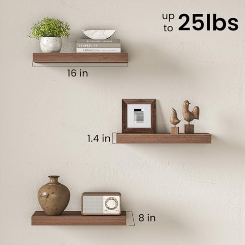 Image of Fun Memories 16Inch Floating Shelves for Wall, 8 Inch Deep Shelves for Bathroom|Bedroom|Kitchen Wall Mounted, Wood Hanging Shelf with Invisible Brackets for Home Storage Decor, Walnut - 3 Pack