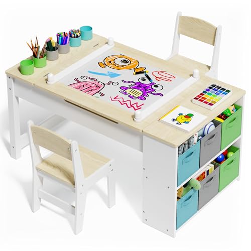 Gizoon Kids Art Table and Chairs with Removable Tabletop Storage,Toddler Craft Table and Chair Set for Drawing Studying Playing Wooden Kid Acitivity Table in Playroom Kids Room Living Room, Natural