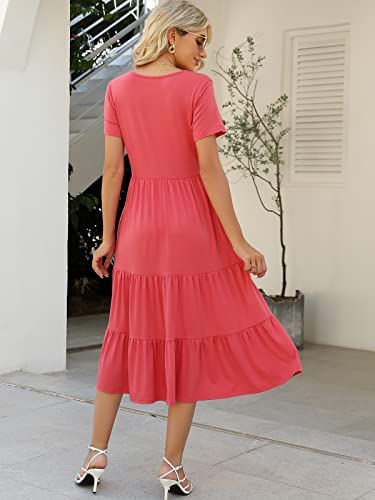 Image of Lyrur Women's Dresses Casual Summer Tiered Midi Dress Short Sleeve Belted Ruffle Babydoll Boho Sundress with Pockets