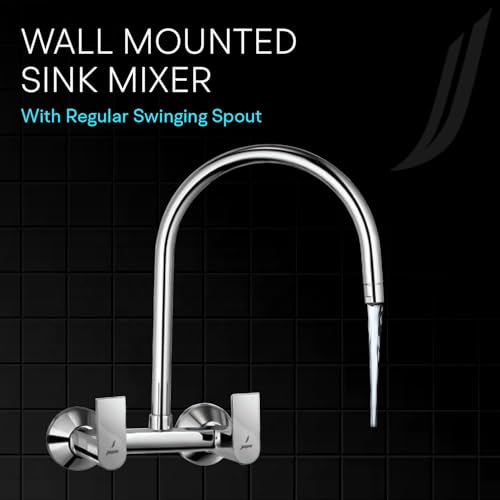 Image of Jaquar Wall Mounted Sink Mixer with Regular Swinging Spout, Connecting Legs & Wall Flanges, Stylish & Durable Faucet for Kitchen & Bathroom, Sliver, Chrome Finish