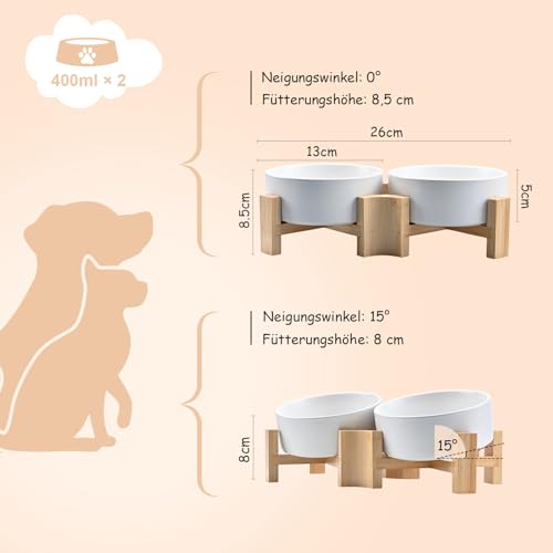 SPUNKYJUNKY 15° Kippbare Keramik Hundenapf mit Holzständer Futter und Wassernapf rutschfest für Hunde und Katzen mit Flachen Gesichtern Kleinen und Mittelgroßen Hunden (400ml × 2, Weiß)