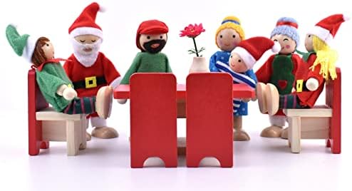 Dolls House Dolls Family of 7 Wooden Figure Set, Christmas Dolls for Gift Dollhouse Accessories Decorations