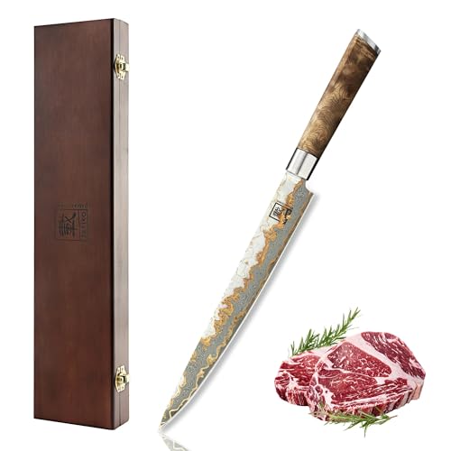 zayiko MysticMagma Sashimi Messer – Kupfer Damastmesser mit 25 cm scharfe Klinge Kupfer, Bronze und Damaststahl mit VG10 Kern, Küchenmesser mit...