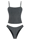 ZAFUL Women's Floral Tankini Swimsuits Bandeau Tummy Control High Cut Tankini Set Two Piece Bathing Suit(1-Polka dots, S)