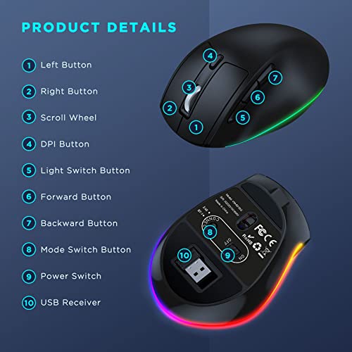 Ergonomic Mouse Wireless - Led Wireless Mouse Rechargeable For Multi-Computers Via 2.4G Usb Receiver + Bt5.0 Connection, Bluetooth Mouse Ergonomic Shape Compatible For Windows And Mac Os - Black #TOP6