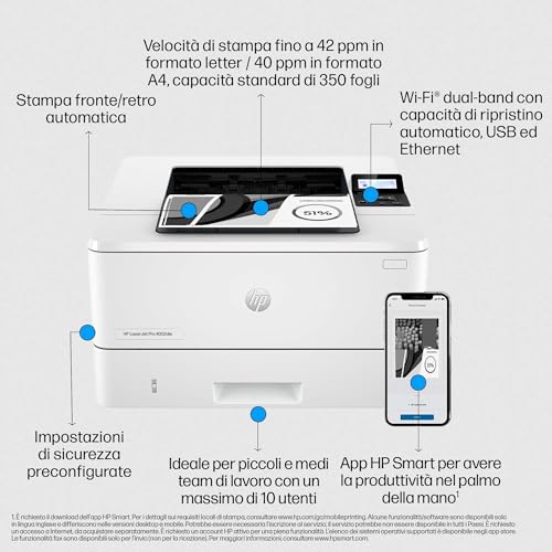 Hp Laserjet Pro 4002Dw 2Z606F, Stampante A Singola Funzione A4, Stampa Fronte E Retro Automatico In B/N, 42 Ppm, Usb, Usb Host, Wifi, Gigabit Ethernet, Hp Smart, Bianca - 5