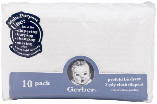 Image of Gerber Unisex Baby Boys Girls Birdseye Prefold Cloth Diapers Multipack White Premiun 3-Ply 10 Pack