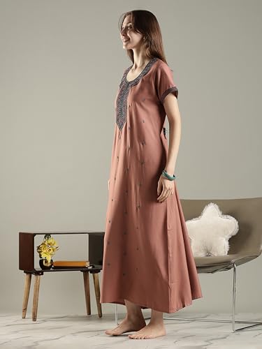 Image of 9shines Label Stylish Alpine Nighty Maxi for Women | Full Length Trendy Nightgown | Premium Nightdress | Nightwear | Heavy Embroidery Nighty with Pockets(2891)