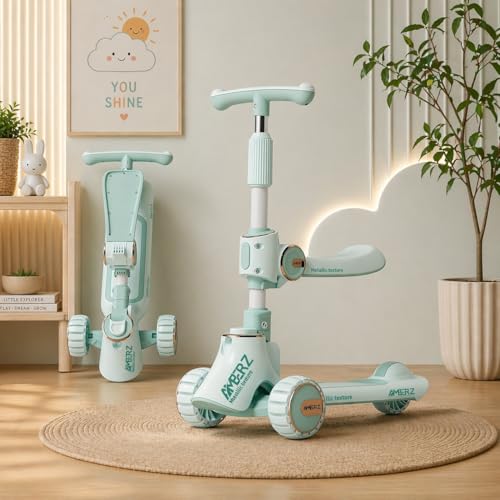 Image of Multi-Functional 2 in 1 Kids Kick Scooter with Foldable Seat | Adjustable Handlebar | PU LED Flashing 3 Wheels | for Boys & Girls Age 3-14 Years (KS-110 Seafoam Green)