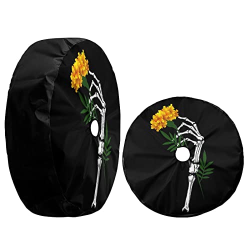Image of Delerain Spare Tire Cover with Backup Camera Hole Skeleton of Yellow Flower Wheel Covers Waterproof Dust-Proof UV Sun Universal Fit for Jeep Trailer RV SUV Truck (17 Inch for Diameter 31 inch-33 inch)