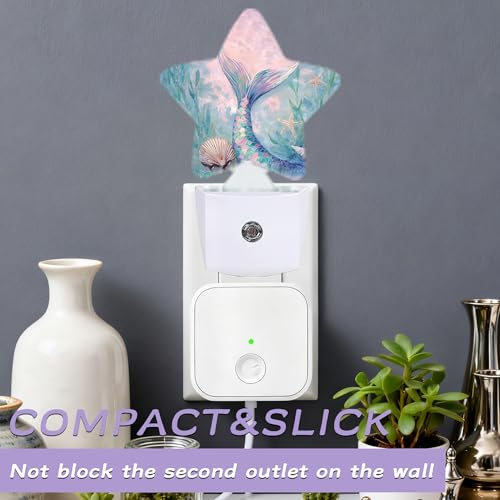 Image of Cute Mermaid Tail Night Lights Plug Into Wall,Seashell Dusk to Dawn Light Sensor Night Light for Kids,Energy Efficient Sleep Friendly Lamp for Bedroom Bathroom Nursery