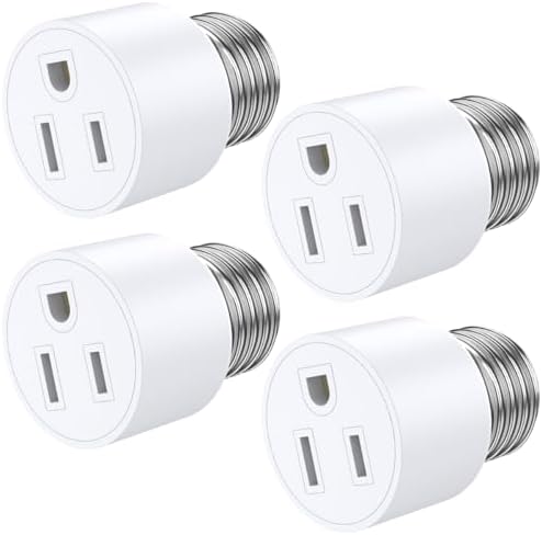 4 Pack Light Socket to Plug Adapter, 3 Prong Light Socket Adapter, Light Bulb Outlet Socket Adapter, Easy Installation E26/E27 Bulb Socket Adapter for Garage Porch Basement