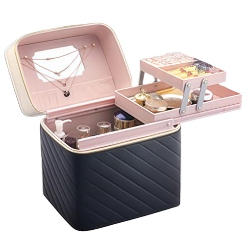 LIVIAメイクボックス 鏡付き コスメボックス 大容量 持ち運び お洒落 防水 かわいい メイク収納 コスメ収納 化粧品収納ボックス プロ用 綺麗 ミラー 収納ケース 上品 カラーリング (ブラック)