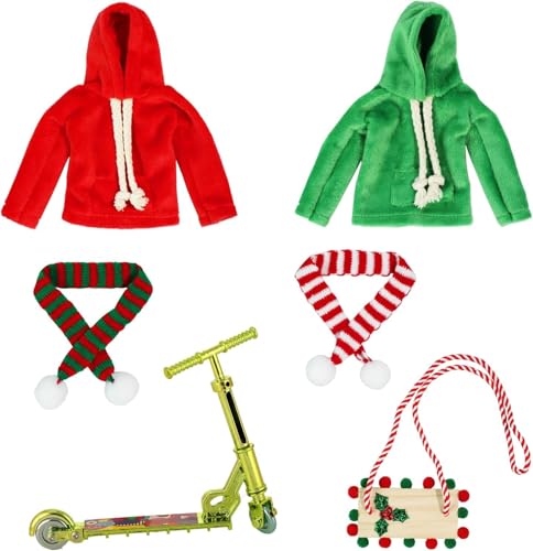 Juego de 6 accesorios de muñeca de elfo de Navidad para niños y niñas, traje de ropa de elfo con sudadera, bufandas, columpio de madera, accesorio divertido de elfo de Navidad para niños, decoraciones