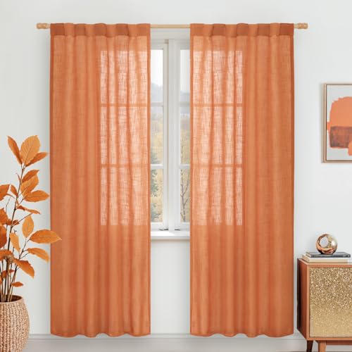 Image of LAMIT Burnt Orange Linen Boho Curtains 80 inch Length 2 Panels, Light Filtering Semi Sheer Panels Back Tab and Rod Pocket Neutral Drapes for Bedroom /Living Room, 34 x 80 Inch