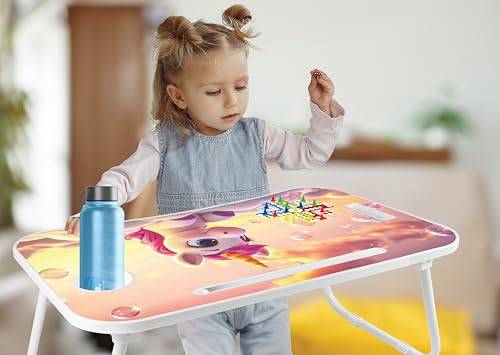 Image of Amazon Brand - Jam & Honey Foldable Laptop Table for Kids 4+ Years, Portable Study Bed Desk with Cup Holder, Tablet Stand & Ludo Game, Cute Unicorn Design, BIS Certified Child Safe