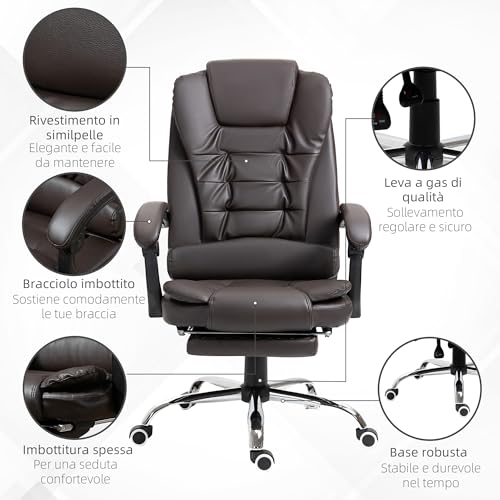 Sedia da Ufficio Ergonomica Presidenziale in Pelle PU, Poltrona da Ufficio Girevole con Schienale Alto Reclinabile 145°, Altezza Regolabile e Poggiapiedi Estraibile, color Caffè - Sedia gaming - Immagine 6