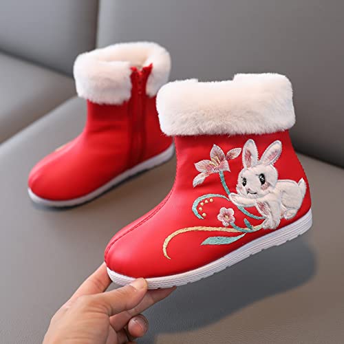 Girls Hanfu Shoes Embroidered Shoes Short Boots Embroidered Shoes Ethnic Style Plus Velvet Boots Toddler Girl (Red, 28)2