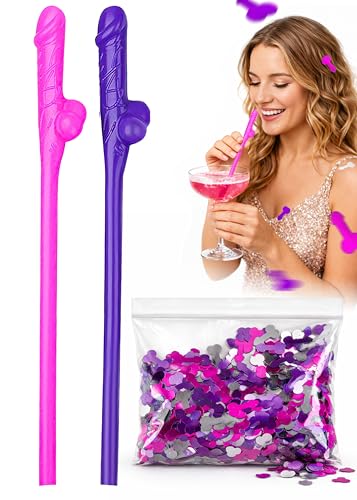 Bachelorette Party Penis Straws 10 Pcs with Confetti Adult Funny Novelty Pink and Purple Drinking Straws Naughty Girls Night Decorations