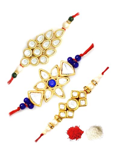 Image of Karatcart Rakhi for Brother Gold-Plated Kundan Rakhi Set of 3 with Roli Chawal