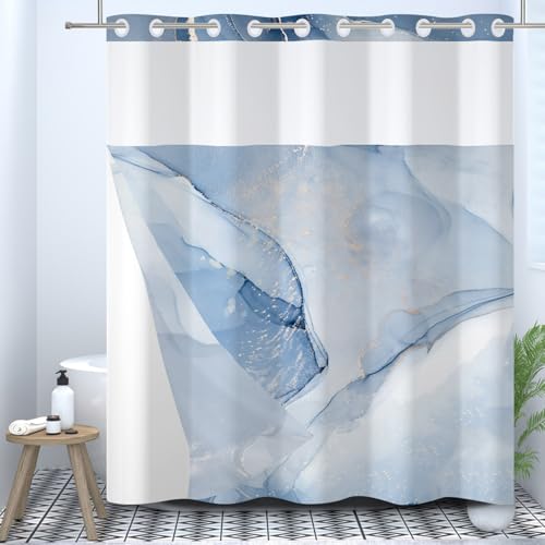Ttincceer Marble No Hooks Shower Curtain with Snap-in Liner Blue Marble Texture Hook-less Shower Curtains Double Layers Bathroom Decorative with See Through Mesh Top Window Curtain 71x74inch - Image 2