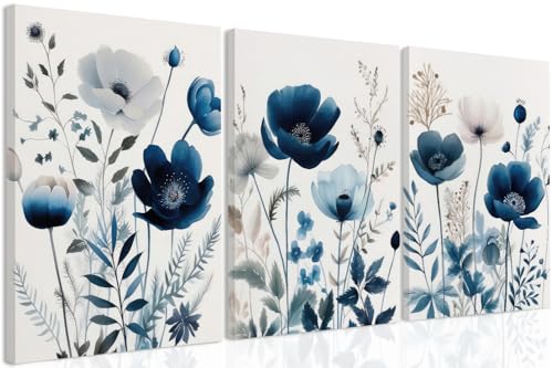 DUWQU 3 Pcs Blue Floral Canvas Wall Art, Elegant Navy